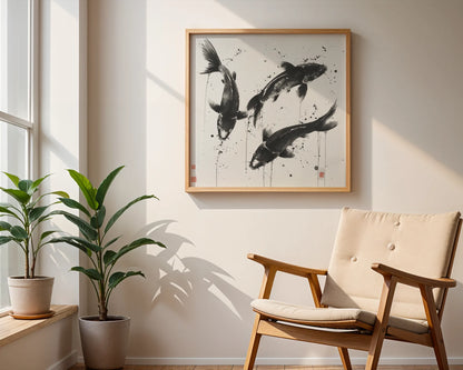 Boho Fish Abstract I, Black & White Mid Century Modern, Boho Art Painting