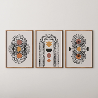 Boho Lines I, Set of 3, Modern Wall Art, Mid Century Vibe