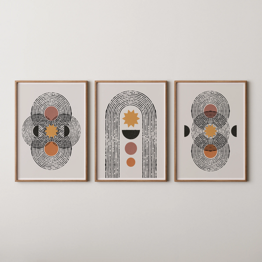 Boho Lines I, Set of 3, Modern Wall Art, Mid Century Vibe