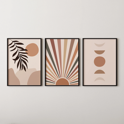 Boho Moon and Lines, Set of 3, Modern Wall Art, Mid Century Modern