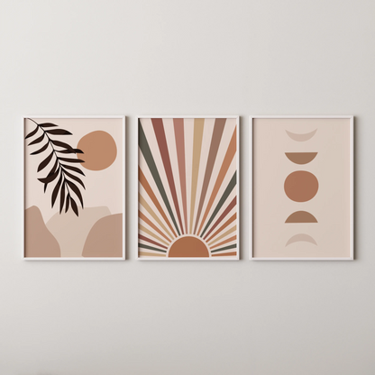 Boho Moon and Lines, Set of 3, Modern Wall Art, Mid Century Modern