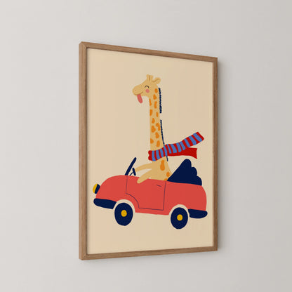 Girraffe on car - Nursery Prints
