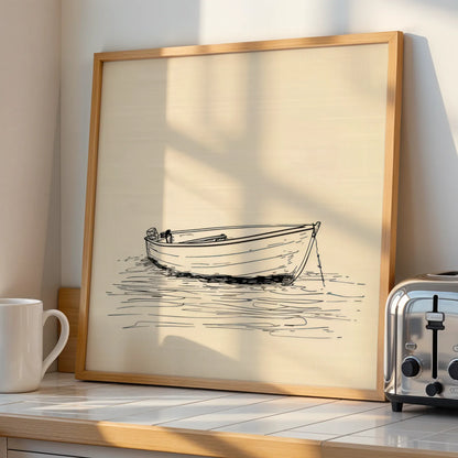 Minimal Boho Boat I, Black & White Mid Century Modern, Boho Art Painting