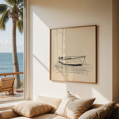 Minimal Boho Boat I, Black & White Mid Century Modern, Boho Art Painting
