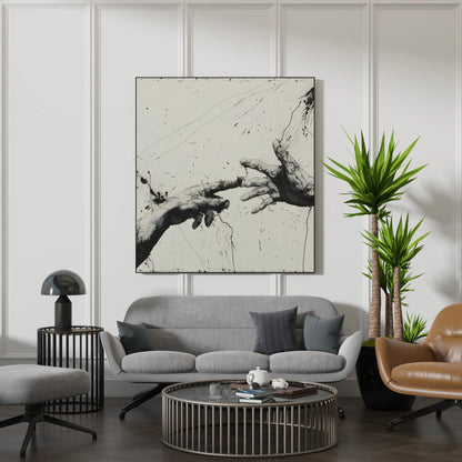Shaking Hands Minimal I, Black & White Mid Century Modern, Boho Art Painting